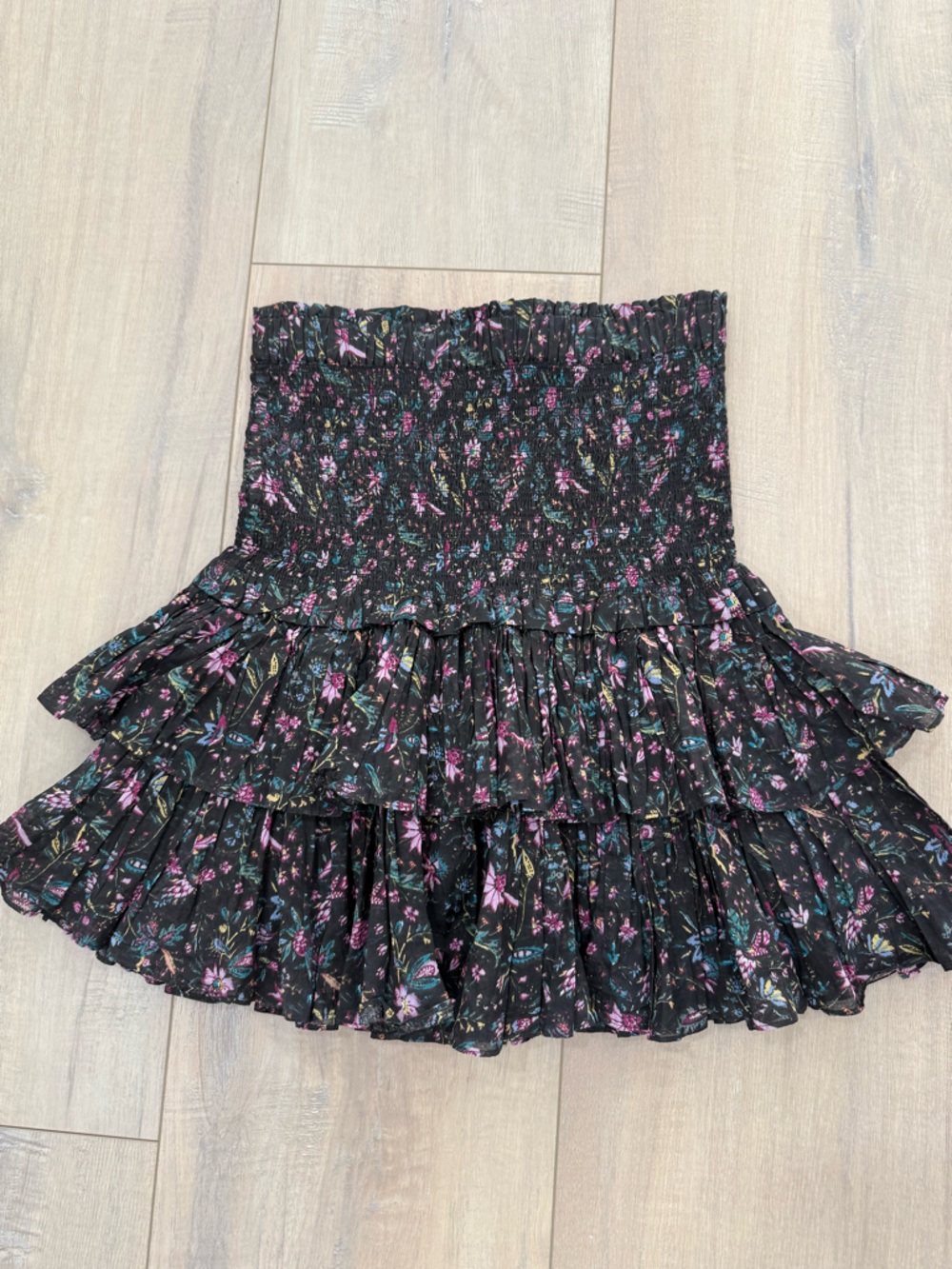 Isabel Marant Black Floral Smocked Mini Skirt with Pink & Teal Accents